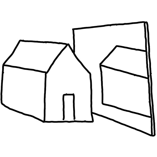 Simple black and white line drawing of a house with an open door.