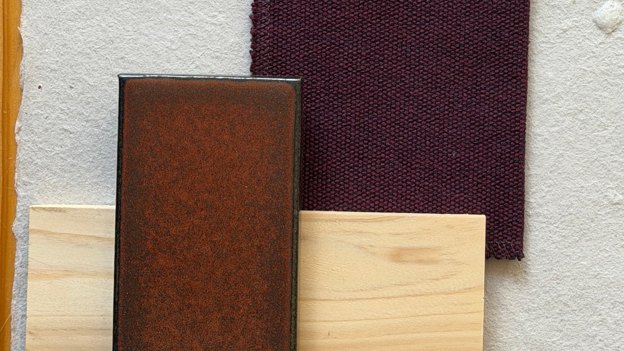 Color swatches including beige, purple, brown, and wooden textures on a gray background.